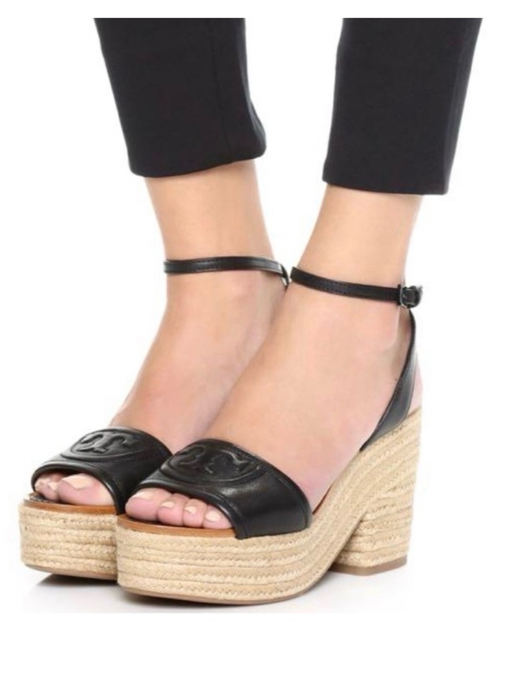 Tory Burch Black Leather Espadrille Wedge Sandals